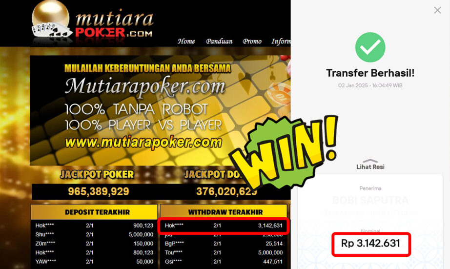 Bukti Withdraw ( 3,142,631,-) Member Setia Mutiarapoker