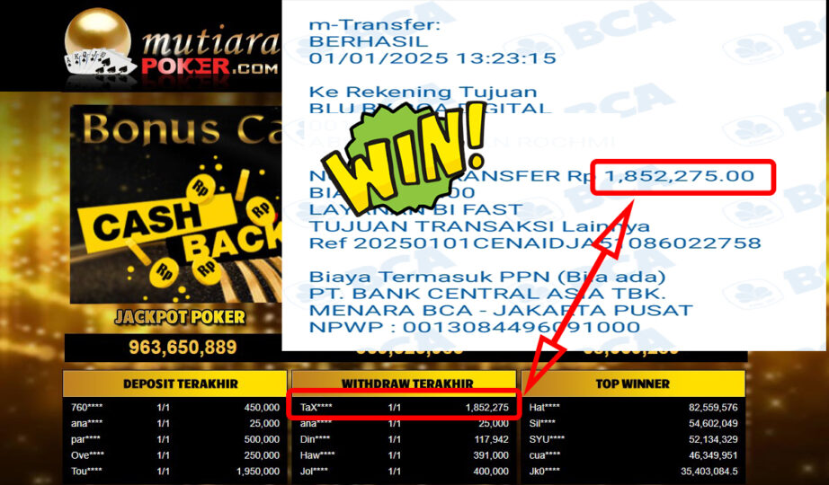 Bukti Withdraw ( 1,852,275,-) Member Setia Mutiarapoker